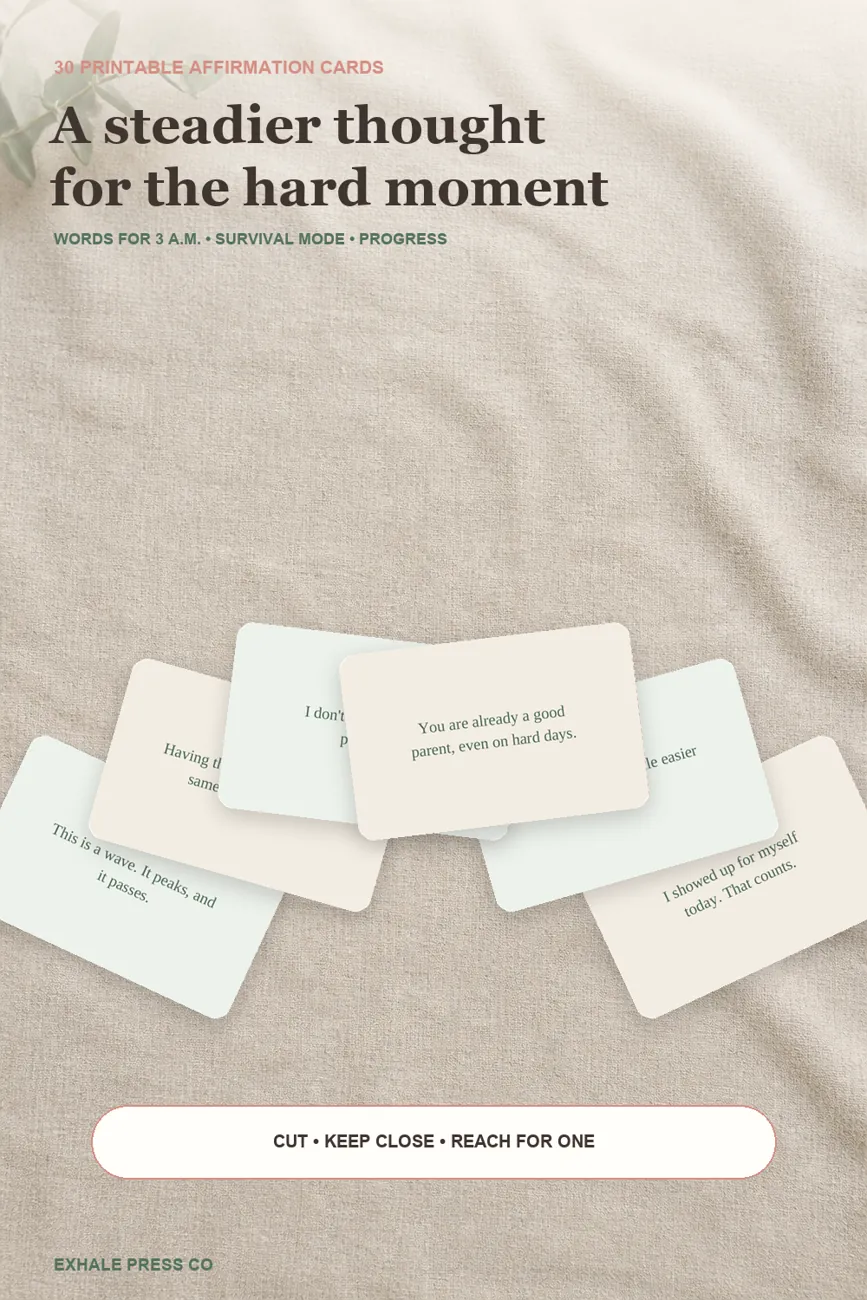 Six Exhale Press Co. postpartum affirmation cards fanned on a linen surface, with reassuring messages.